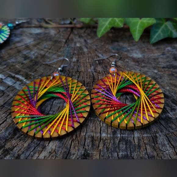 Handmade Multicolor Rainbow Circle Wood Earrings - Picture 2 of 2